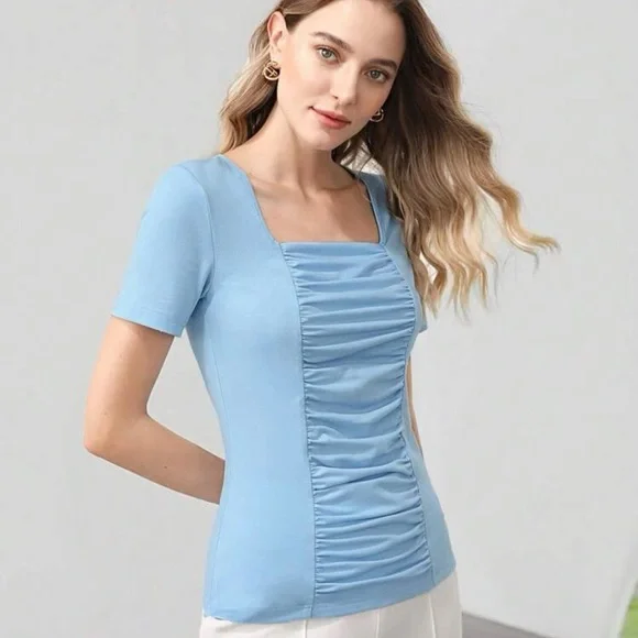 Shein Sky Blue Ruched Square-Neck Blouse XS - Picture 2 of 4